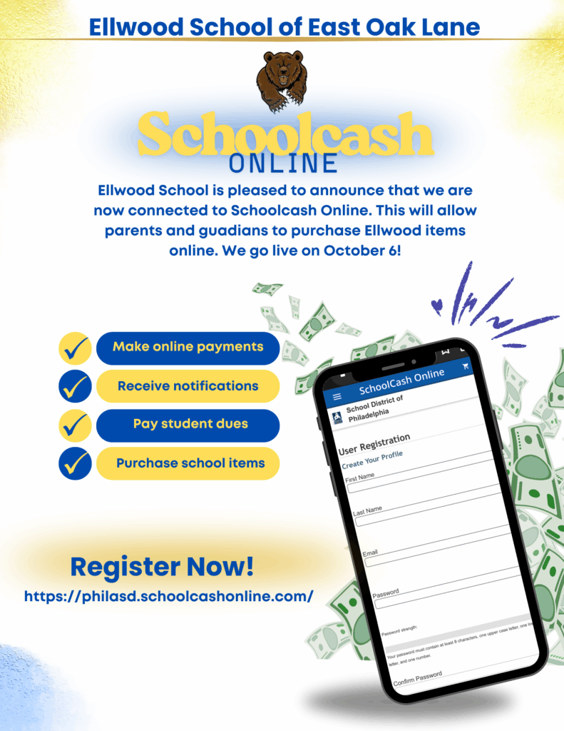 All Parents/Guardians, Ellwood's SchoolCash Online has been set up! Please register and create an account, allowing you ease of paying for student activities and/or items. We go line on October 6th! 