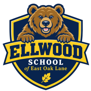 Ellwood School of East Oak Lane logo featuring a brown bear resting its paws on a navy and yellow shield with an oak leaf.